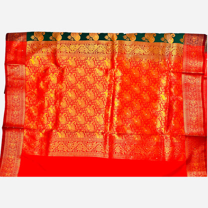 Green With Red Color Banarasi Satin Silk Saree With Beautiful Embroidery And Stone Work