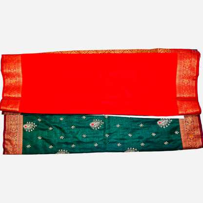 Green With Red Color Banarasi Satin Silk Saree With Beautiful Embroidery And Stone Work