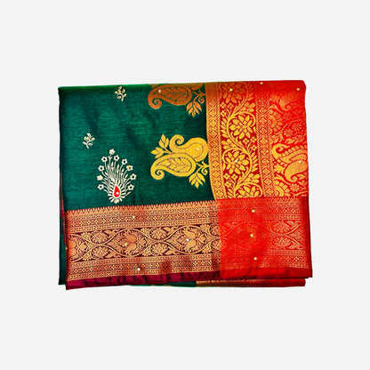 Green With Red Color Banarasi Satin Silk Saree With Beautiful Embroidery And Stone Work