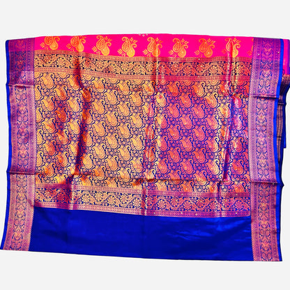 Deep Pink With Royal Blue color Banarasi Satin Silk Saree With Beautiful Embroidery And Stone Work