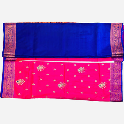 Deep Pink With Royal Blue color Banarasi Satin Silk Saree With Beautiful Embroidery And Stone Work