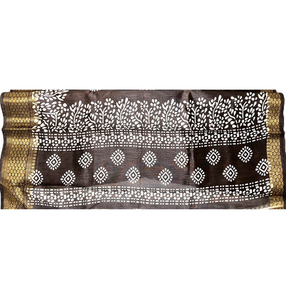 Coffee Bean Color Soft Slub Cotton Silk Saree With Batik Print