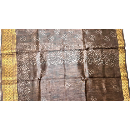 Coffee Bean Color Soft Slub Cotton Silk Saree With Batik Print