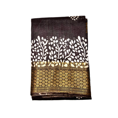 Coffee Bean Color Soft Slub Cotton Silk Saree With Batik Print