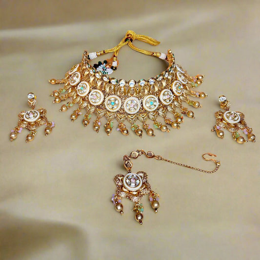 Copper Rajwadi Necklace Set with Earrings And Maang Tikka - Traditional Bridal Jewelry