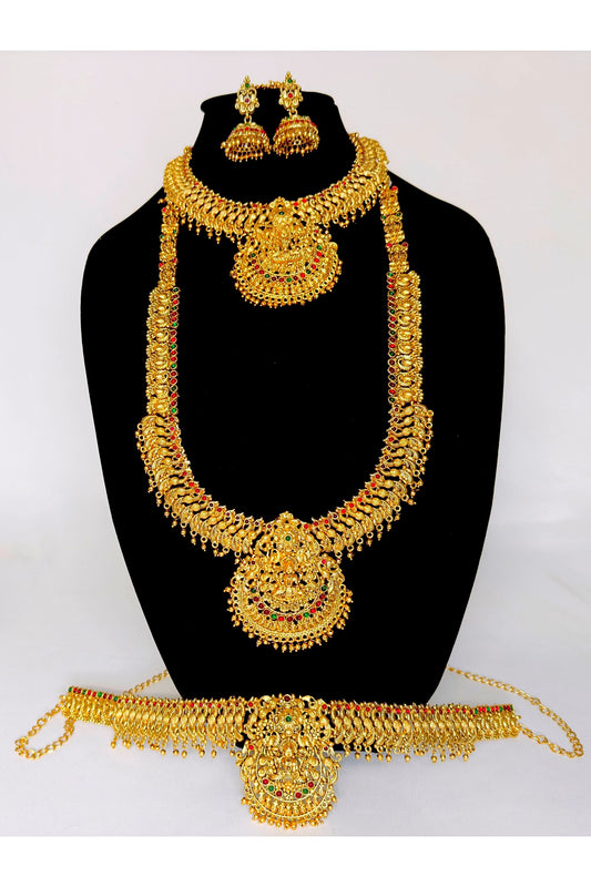 Premium Quality Temple Haram South Indian Jewelry Set With Earrings, Maangtika And Kamar Patti ( Hip Belt), Bridal Set Jewelry, South Indian Jewelry Set, Gold Plated Jewelry, Temple Jewelry, Wedding Jewelry