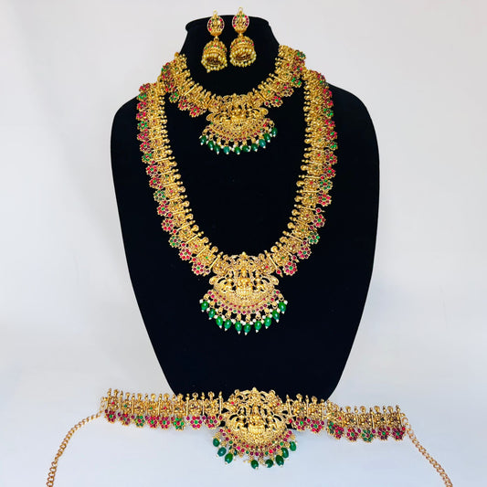 Traditional South Indian Temple Jewelery Set, Semi Bridal Jewelery Set with Green And White Pearls Paired with Earrings, Hip Belt, Necklace