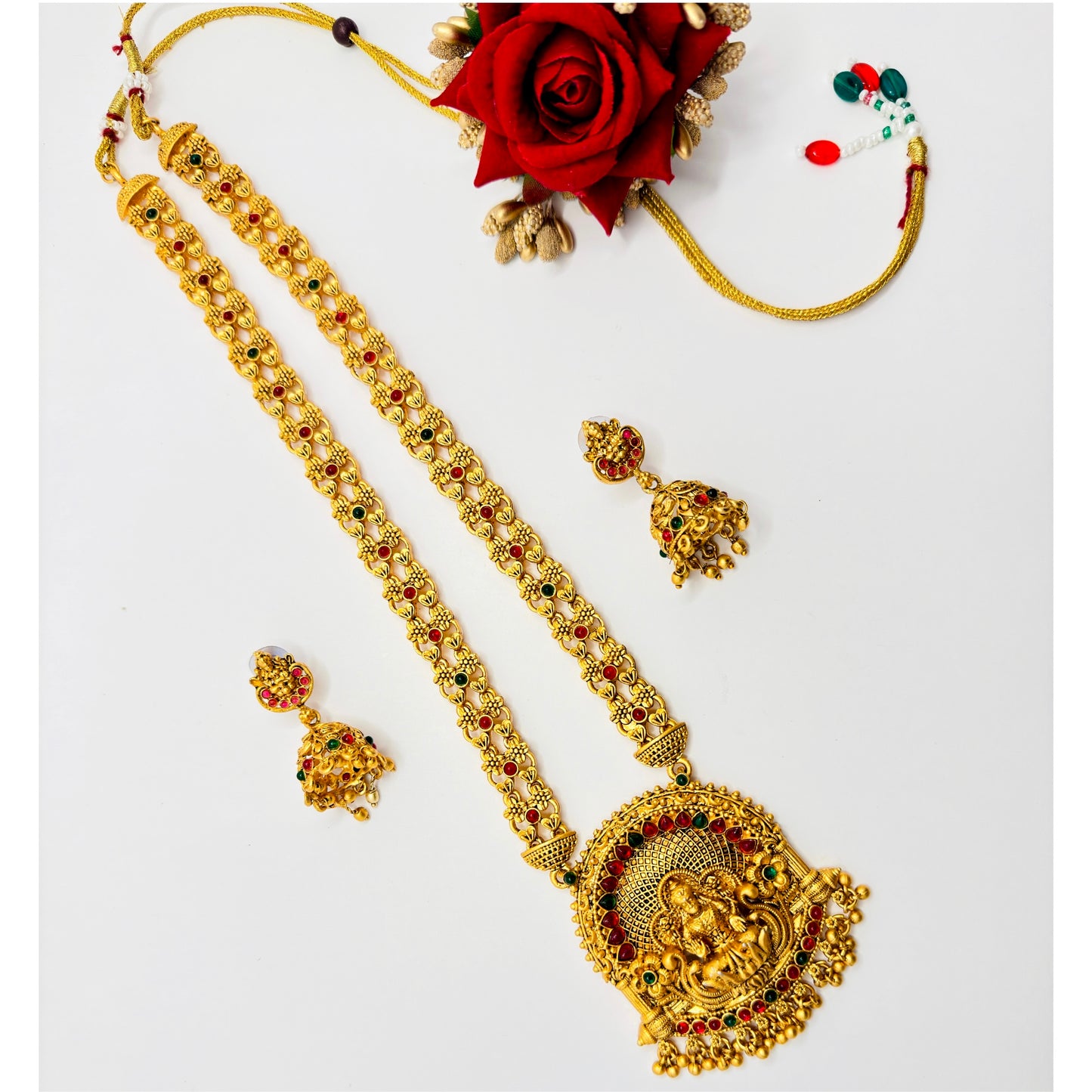 Exquisite Temple Jewellery Set for Women - Traditional Lakshmi Pendant Necklace with Matching Jhumka Earrings