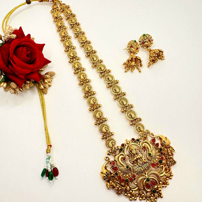 Traditional Indian Temple Jewelry Set - Gold Plated Necklace with Lakshmi Pendant & Matching Earrings - Ethnic Bridal Jewelry for Women