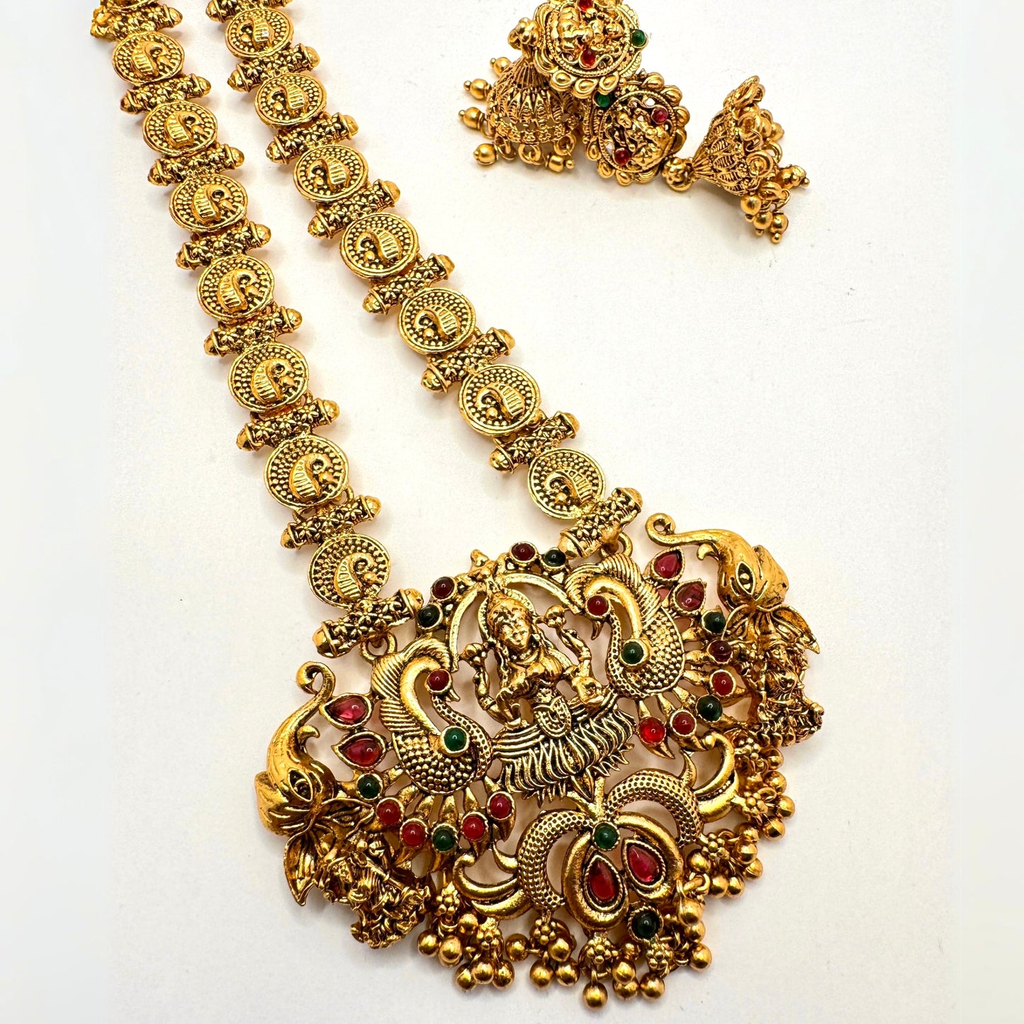 Traditional Indian Temple Jewelry Set - Gold Plated Necklace with Lakshmi Pendant & Matching Earrings - Ethnic Bridal Jewelry for Women