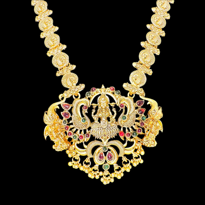 Traditional Indian Temple Jewelry Set - Gold Plated Necklace with Lakshmi Pendant & Matching Earrings - Ethnic Bridal Jewelry for Women