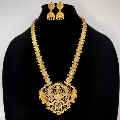 Traditional Indian Temple Jewelry Set - Gold Plated Necklace with Lakshmi Pendant & Matching Earrings - Ethnic Bridal Jewelry for Women