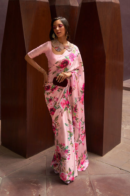 Misty Rose Digital Floral Printed Satin Crepe Saree, Party Wear Saree