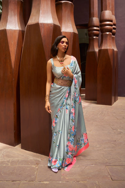 Light Grey Digital Floral Printed Satin Crepe Saree, Party Wear Saree