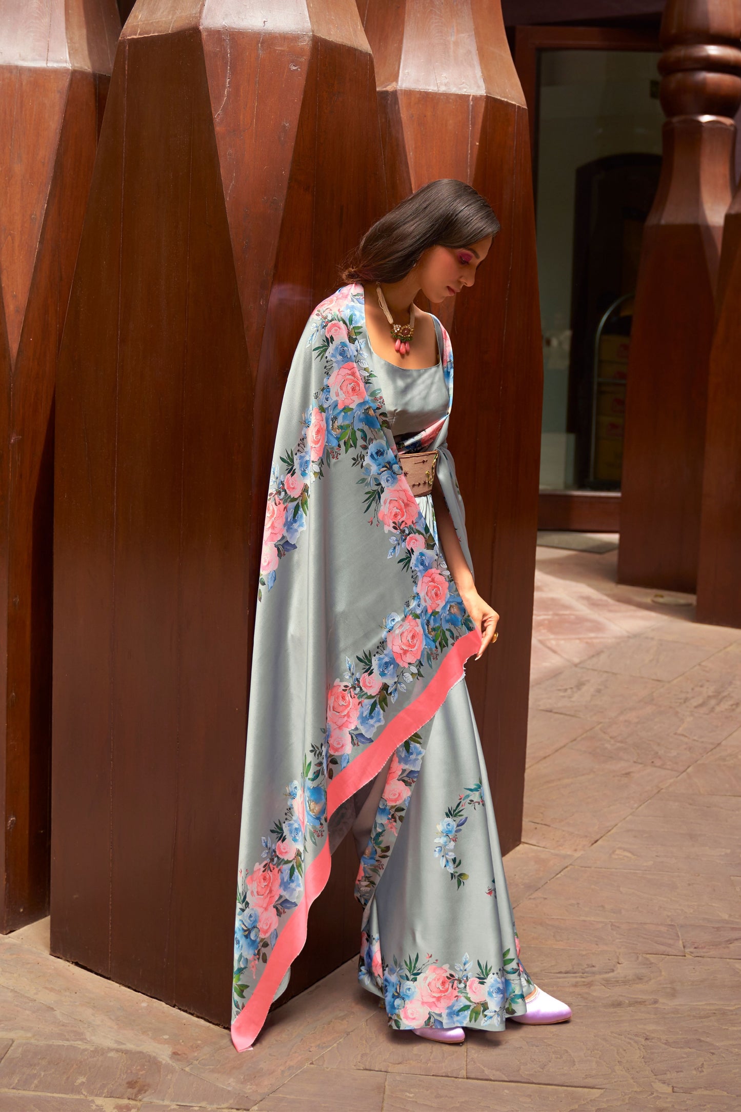 Light Grey Digital Floral Printed Satin Crepe Saree, Party Wear Saree