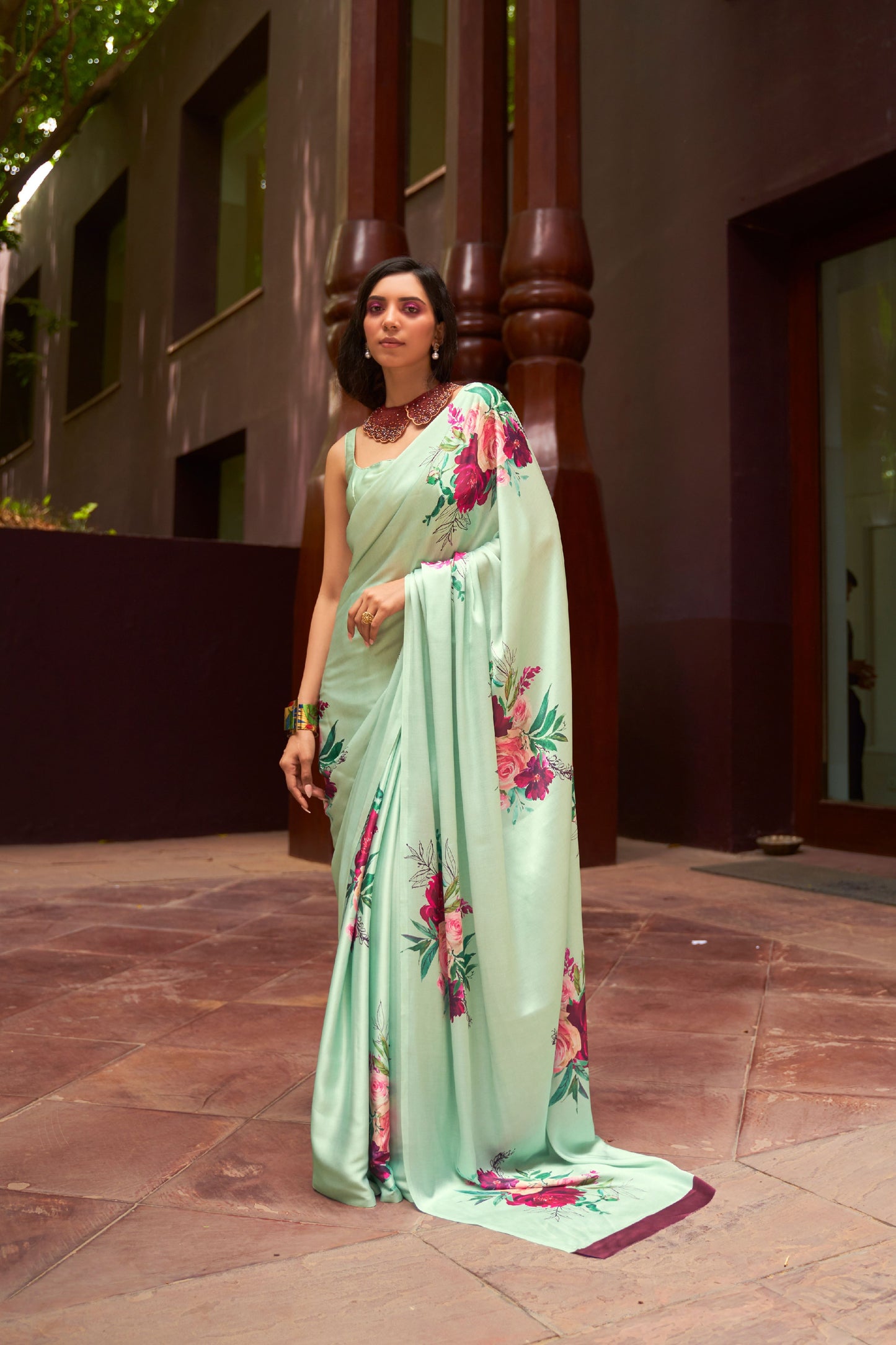 Pastel Green Digital Floral Printed Satin Crepe Saree, Party Wear Saree