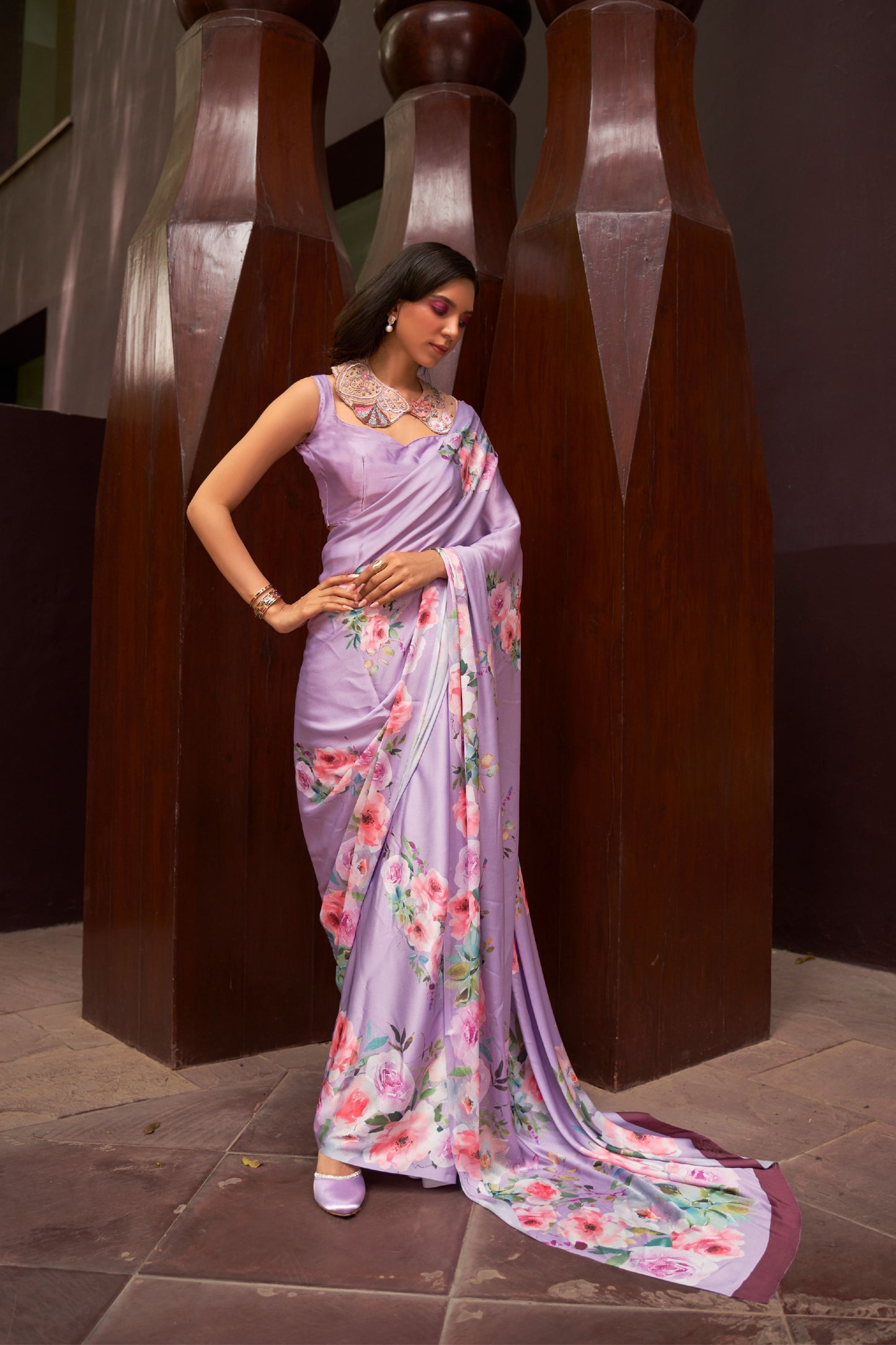 Lavender Digital Floral Printed Satin Crepe Saree, Party Wear Saree