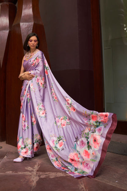 Lavender Digital Floral Printed Satin Crepe Saree, Party Wear Saree