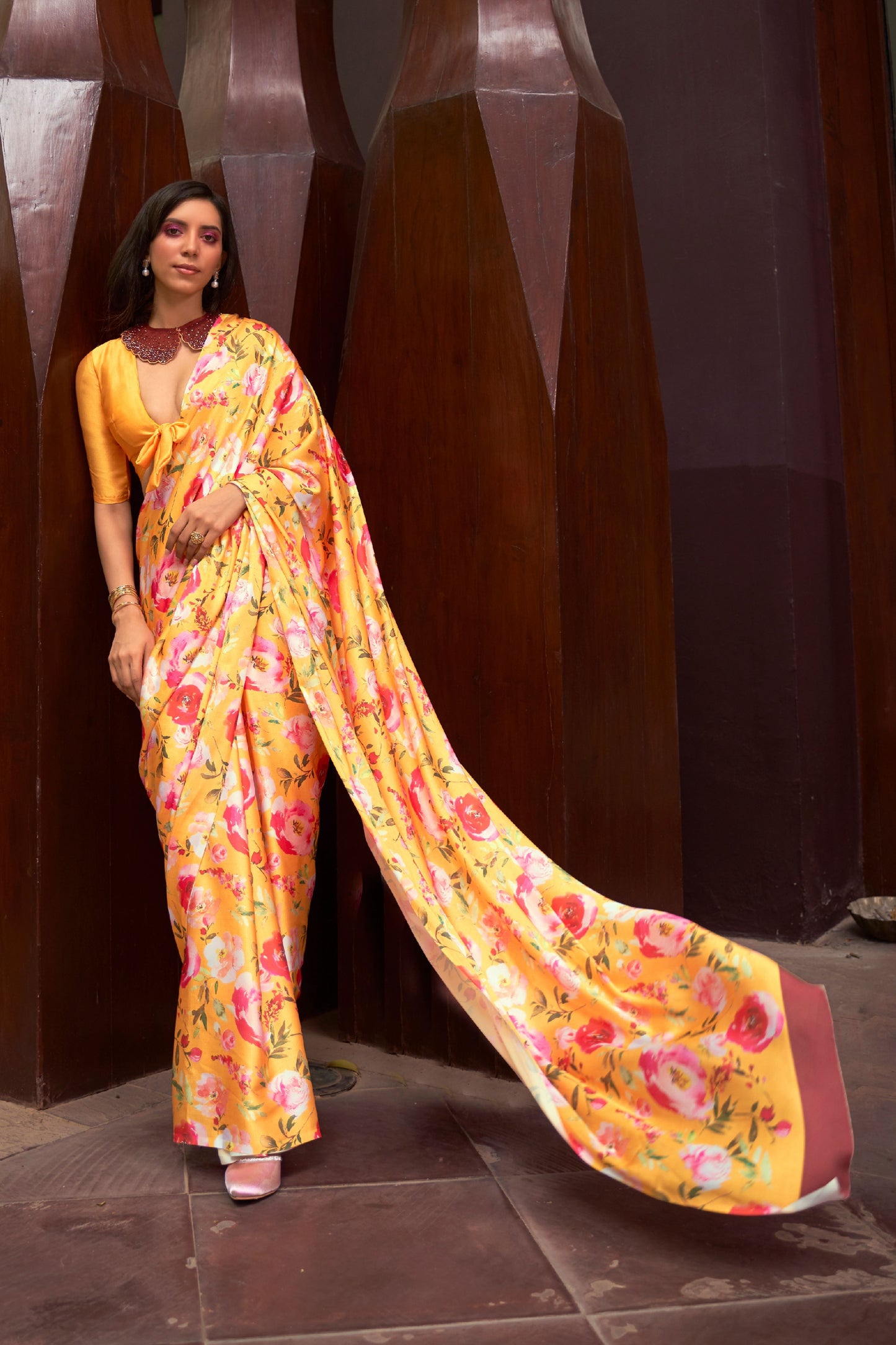 Saffron Mango Digital Floral Printed Satin Crepe Saree, Party Wear Saree