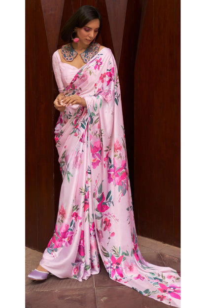 Light Pink Digital Floral Printed Satin Crepe Saree, Party Wear Saree