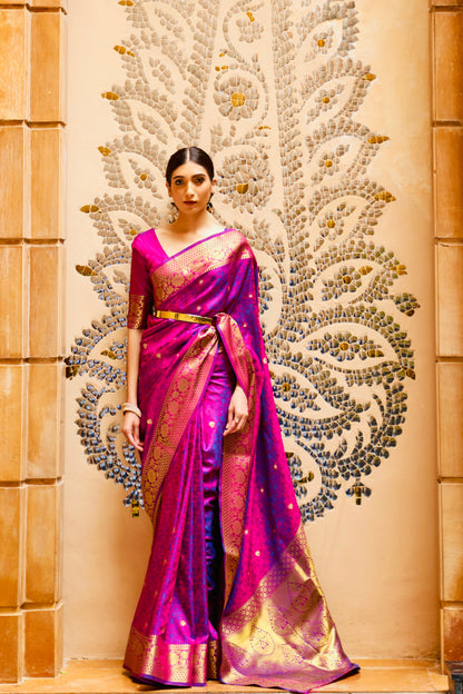 Stunning Pure Kanjivaram Silk Saree in Fuchsia & Royal Blue with Intricate Zari Work - Perfect for Weddings & Special Occasions