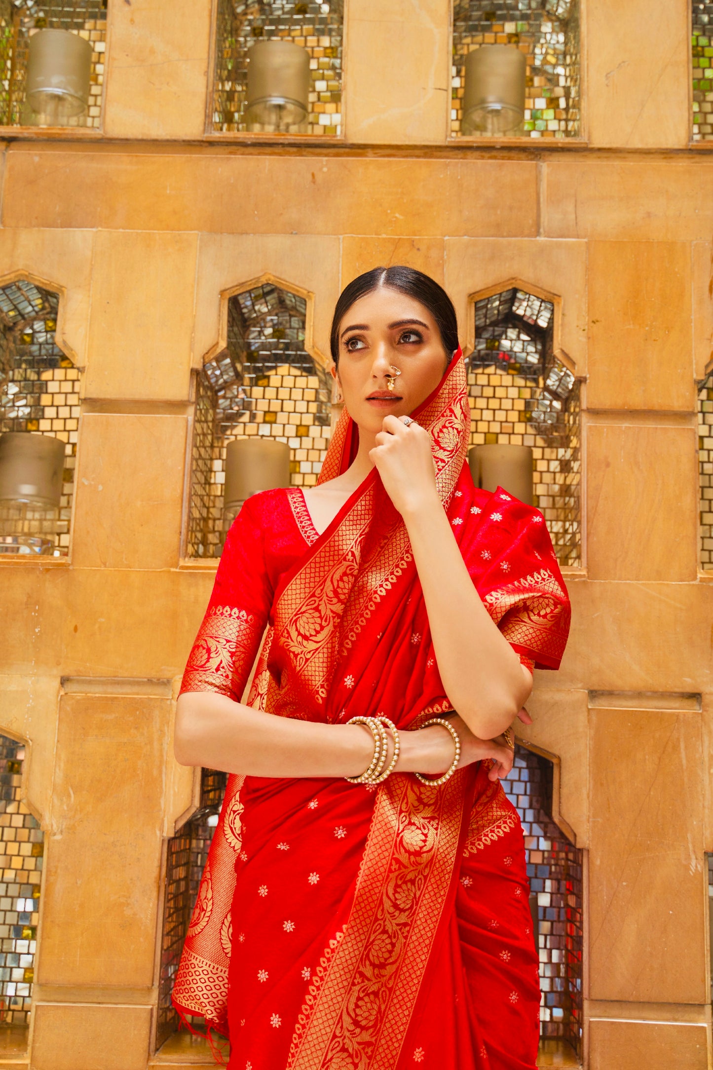 Luxurious Handwoven Red Kanjivaram Silk Saree With Gold Zari Detailing-Perfect For Festive Wear