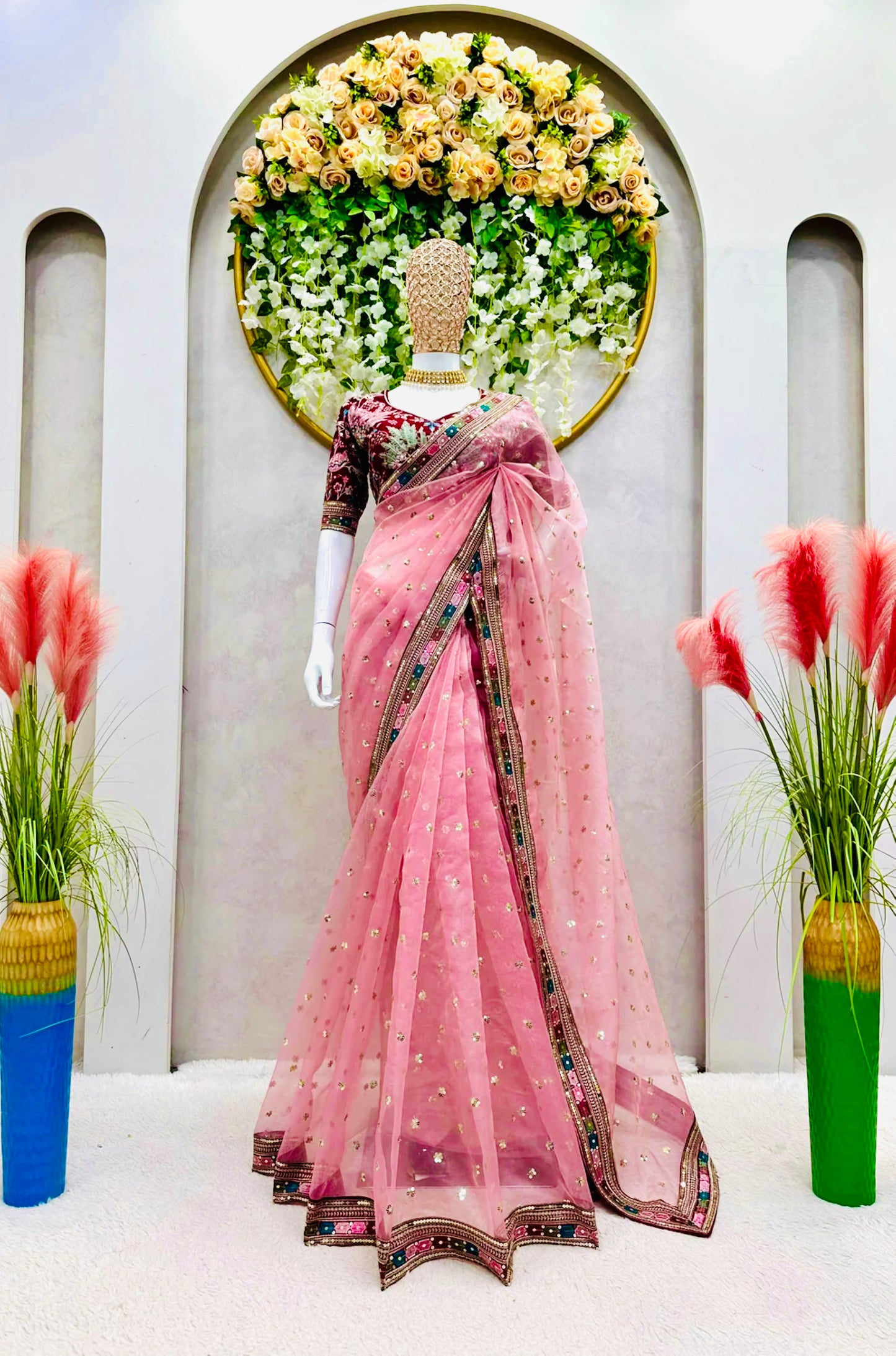 Light Pink Shimmery Tissue Silk Saree with Designer Stitched Blouse – Easy Customization for perfect fit, Elegant Attire for Weddings & Special Events