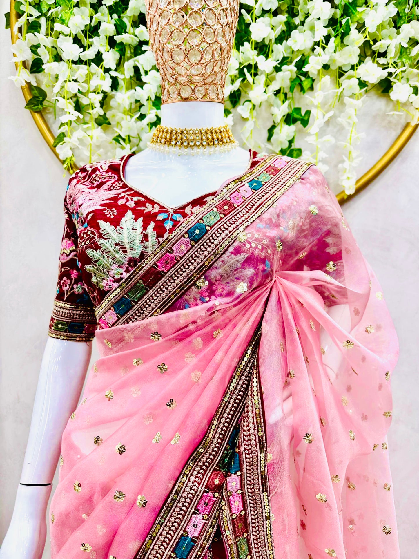 Light Pink Shimmery Tissue Silk Saree with Designer Stitched Blouse – Easy Customization for perfect fit, Elegant Attire for Weddings & Special Events