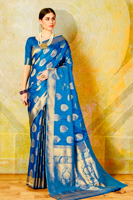 Exquisite Peacock Blue Color Handloom Silk Saree with Gold Zari Border and Unstitched Blouse – Perfect for Weddings and Festive Wear