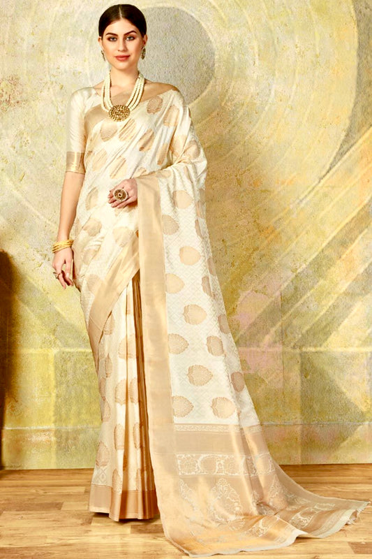 Exquisite Cream Color Handloom Silk Saree with Gold Zari Border and Unstitched Blouse – Perfect for Weddings and Festive Wear