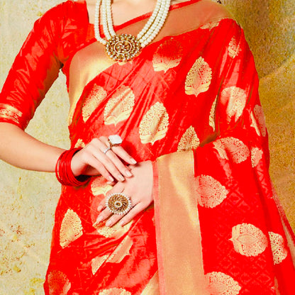 Exquisite Red Handloom Silk Saree with Gold Zari Border and Unstitched Blouse – Perfect for Weddings and Festive Wear