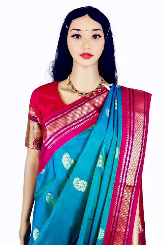 Semi Silk Teal Blue Paithani Saree with Pink Zari Border and Matching Pink Blouse