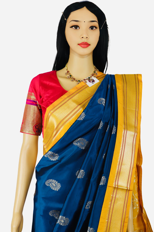 Semi Silk Peacock Blue Paithani Saree with Yellow Zari Border and Matching yellow Blouse