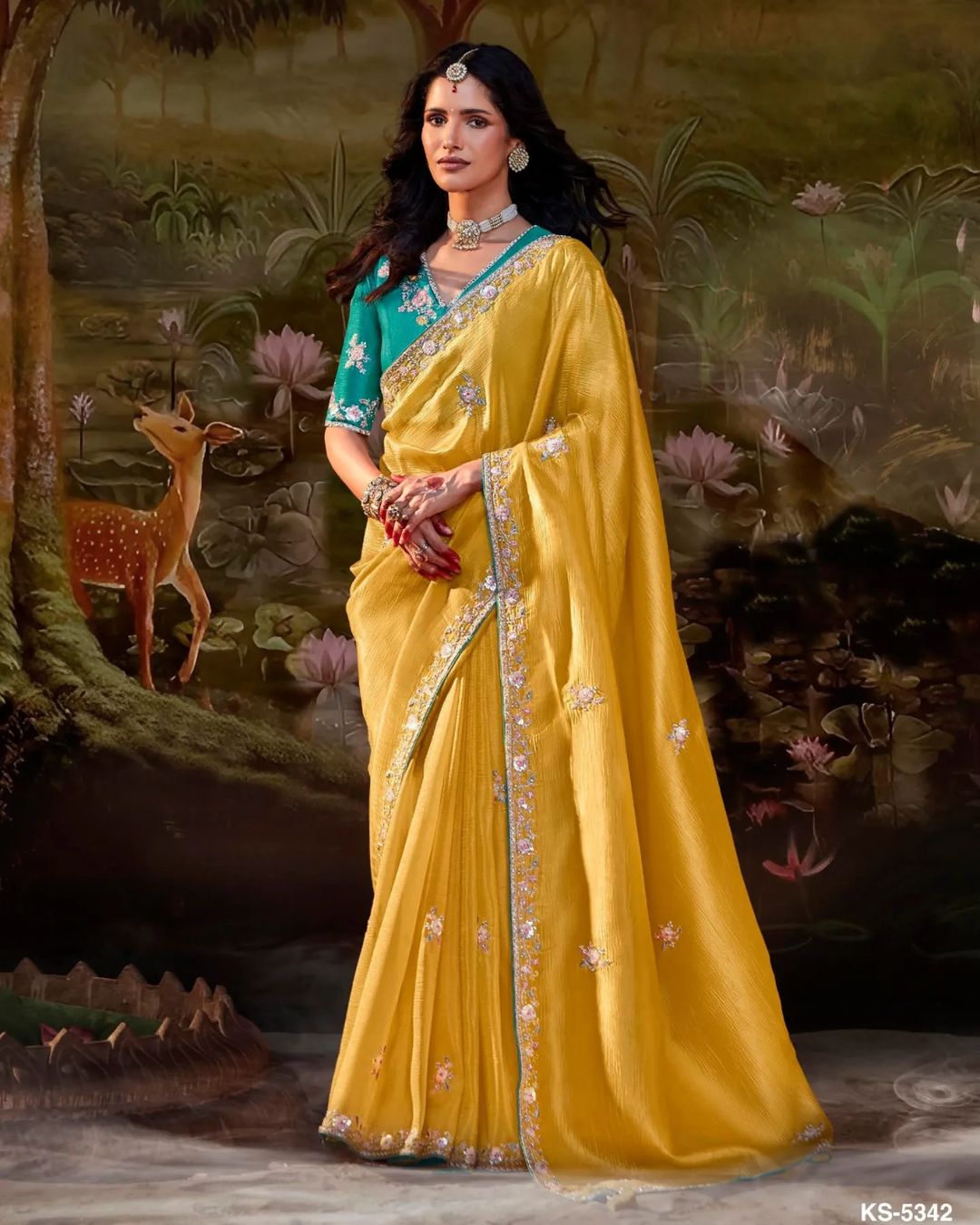 Mustard Yellow Silk Saree with Teal Embroidered V-Neck Blouse – Perfect for Weddings and Festive Occasions