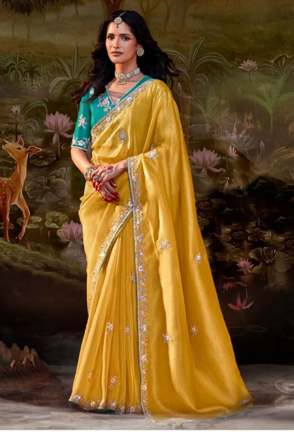 Mustard Yellow Silk Saree with Teal Embroidered V-Neck Blouse – Perfect for Weddings and Festive Occasions