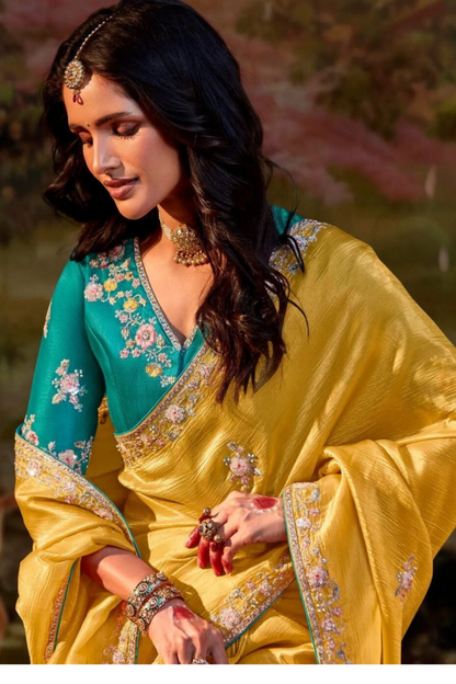 Mustard Yellow Silk Saree with Teal Embroidered V-Neck Blouse – Perfect for Weddings and Festive Occasions