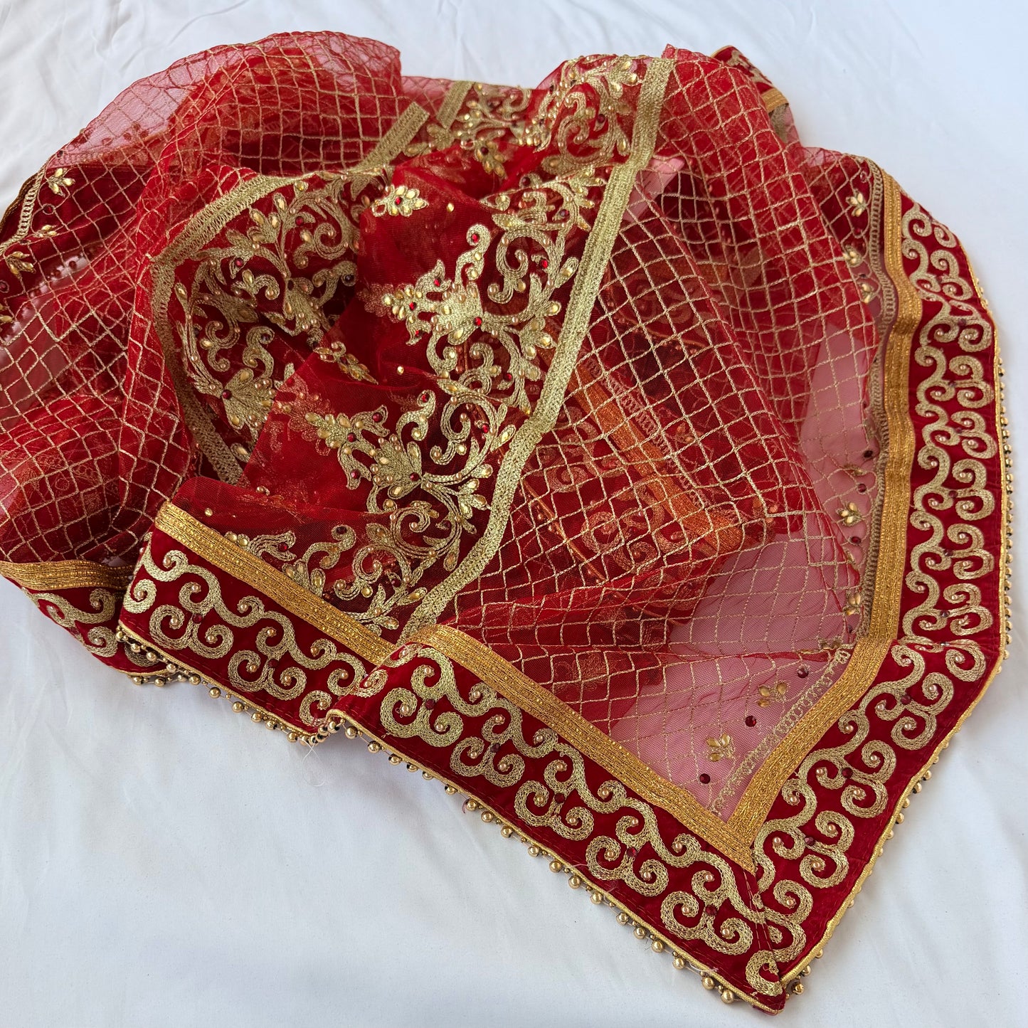 Red Bridal Net Dupatta with Heavy Zari Border | Indian Dulhan Chunni | Wedding Lehenga Dupatta | Embroidered Bridal Veil | Bride Odhani