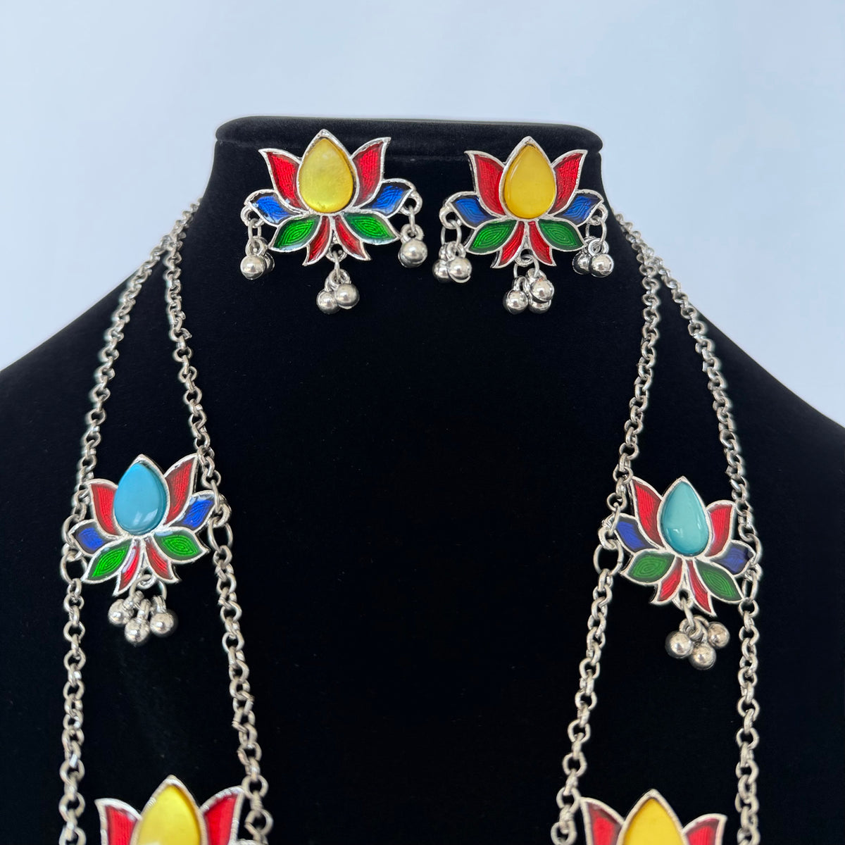 Oxidized Silver Necklace Set, Long Indian Statement Necklace, Colorful Lotus Jewelry, Ghungroo Pendant, Ethnic Boho Necklace Earrings,