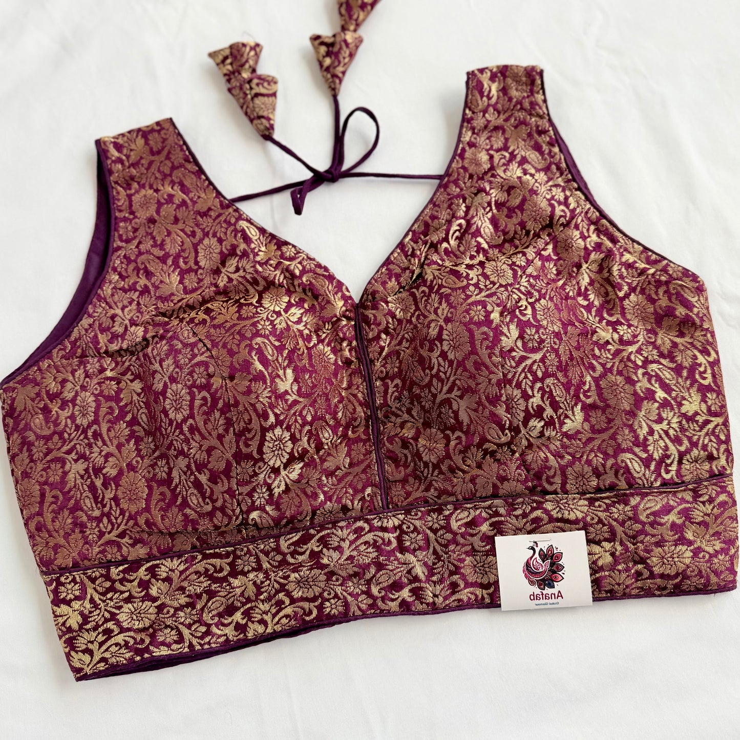 Wine Purple Gold Brocade Blouse, Ready to Wear Indian Blouse, Padded Designer Blouse, Deep Back Neck Blouse, Party wear blouse, crop top