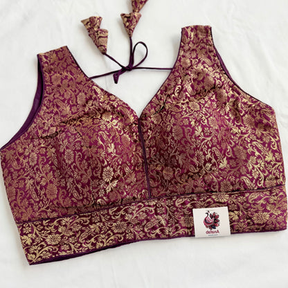 Wine Purple Gold Brocade Blouse, Ready to Wear Indian Blouse, Padded Designer Blouse, Deep Back Neck Blouse, Party wear blouse, crop top