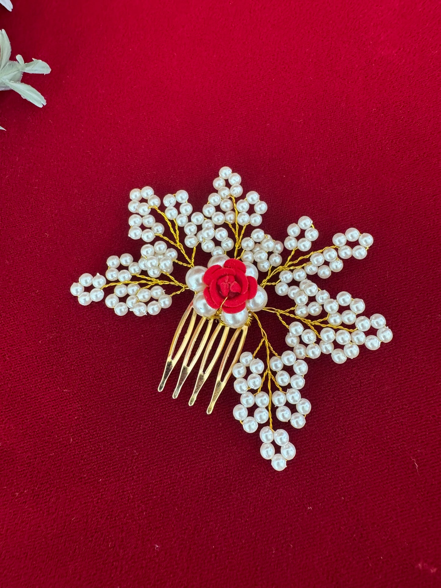 Pearl Floral Hair Brooch with Red Rose – Bridal Hair Comb, Traditional Bun Pin, Wedding Hair Accessory, Saree Hair Jewelry