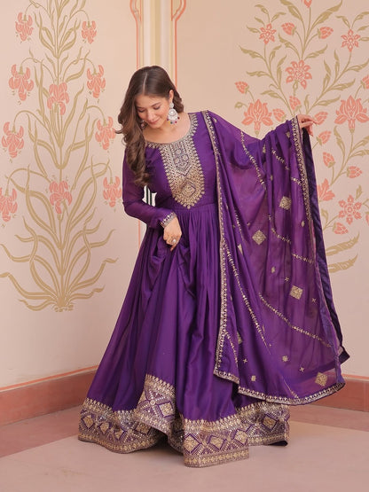 Purple Anarkali Gown with Dupatta, Georgette Embroidered Indian Dress, Zari Sequin Long Gown, Wedding Outfit for Women, festive Outfit, ethn