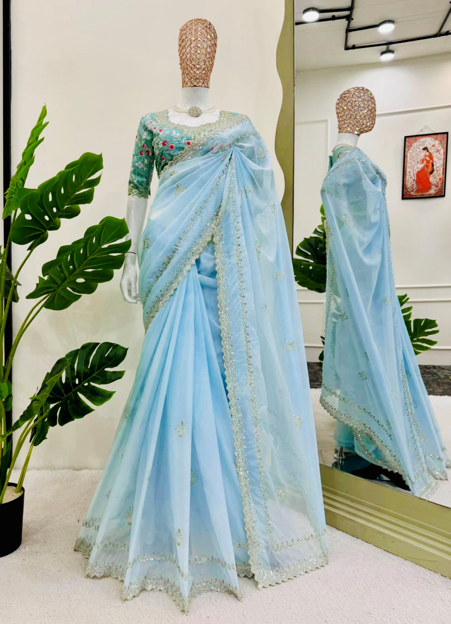 Luxurious Sky Blue Satin Silk Saree with Hand-Embroidered Stitched Blouse – Easy Customization for perfect fit, Ideal for Weddings, Parties, and Festive Occasions