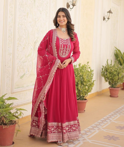 Pink Embroidered Gown with Dupatta | Fully Stitched Anarkali Style Dress | Indian Ethnic Wear for Weddings & Parties