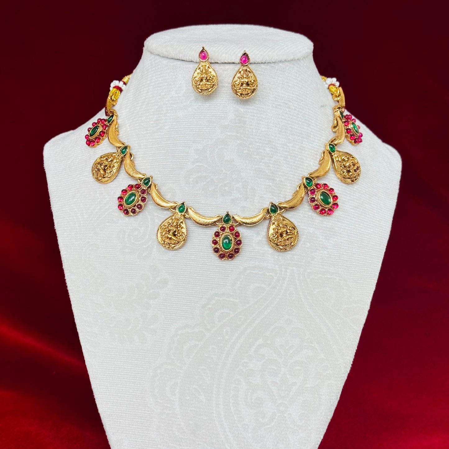 Antique Gold Lakshmi Necklace Set with Red & Green Stones, Temple Jewelry Set, South Indian Bridal Necklace, Traditional Indian Wedding Jewe