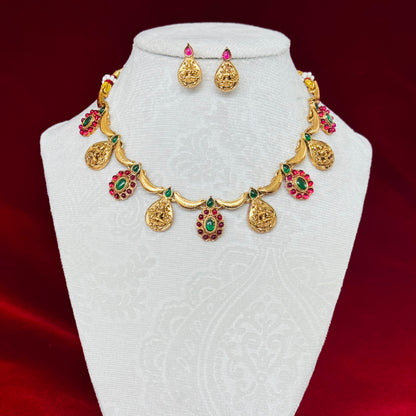Antique Gold Lakshmi Necklace Set with Red & Green Stones, Temple Jewelry Set, South Indian Bridal Necklace, Traditional Indian Wedding Jewe