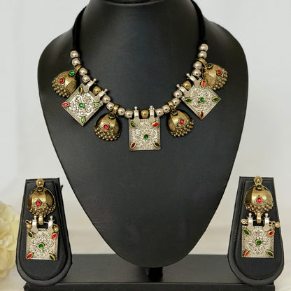 Oxidized Silver & Gold Necklace Set, Dual Tone Indian Jewelry, Jhumka Pendant Necklace, Red Green Stone Jewelry, Navratri Garba Jewelry Set