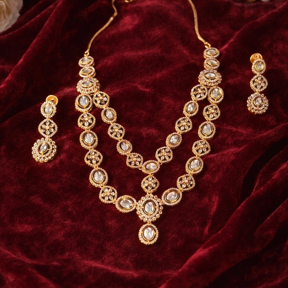 Antique Gold Polki Bridal Necklace Set | Double Layer Indian Wedding Jewelry | Statement Festive Necklace with Earrings