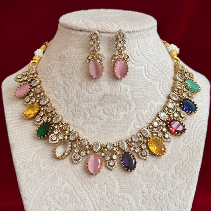 Multicolor Victorian Necklace Set for Women, Pastel Stone Statement Jewelry, Indian Wedding Necklace, CZ Party Wear Choker Set, Bridal Jewel