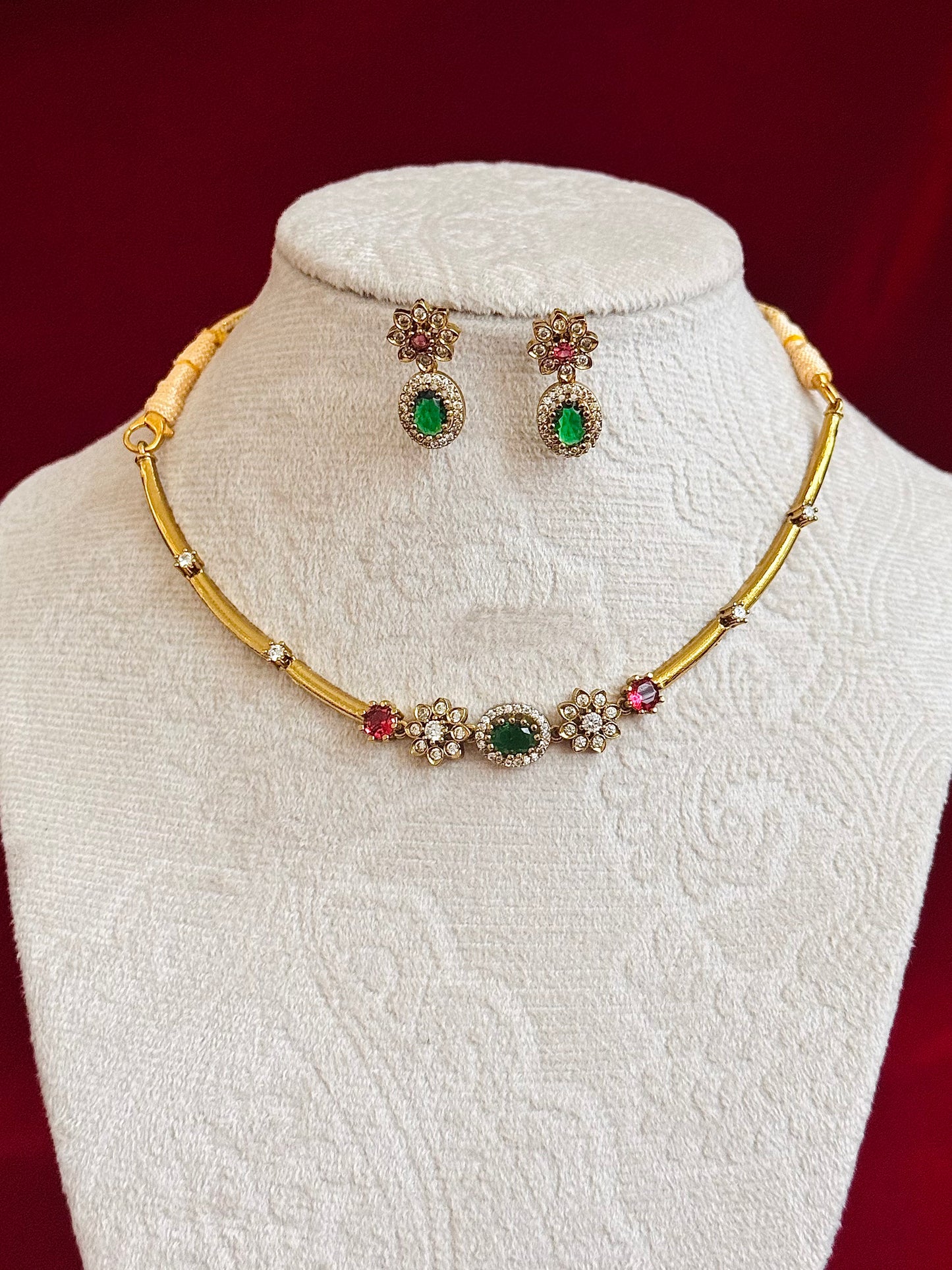 Emerald Green Pink Stone Necklace Set, Floral CZ Choker Necklace, Indian Wedding Jewelry Set, Gold Tone Party Wear Jewelry, Bridesmaid Gift